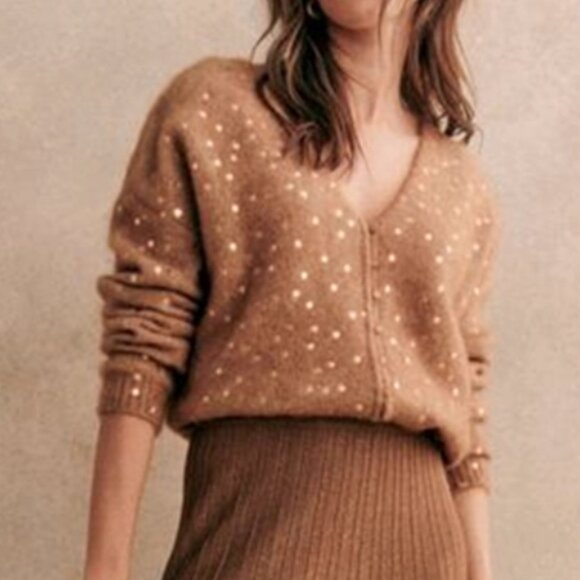 BEST Sezane Lizy Cardigan Camel Gold Polka Dot French Wool Causal - Picture 2 of 11